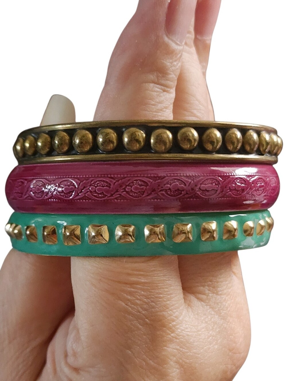 Goldtone, Magenta and Teal Women's Bangle Set